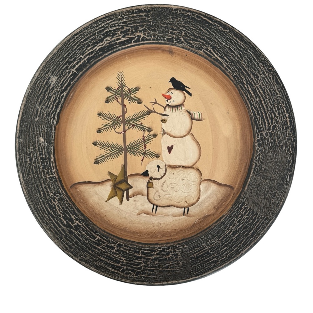 Pair of Audrey’s Winter Snowman Wooden Plates Christmas Primitive Folk Art 10.5” - Picture 2 of 5